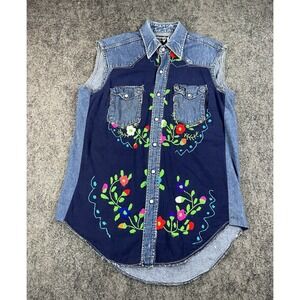 Vintage Wrangler Pearl Snap Denim Vest Womens Large Floral Embroidery Western